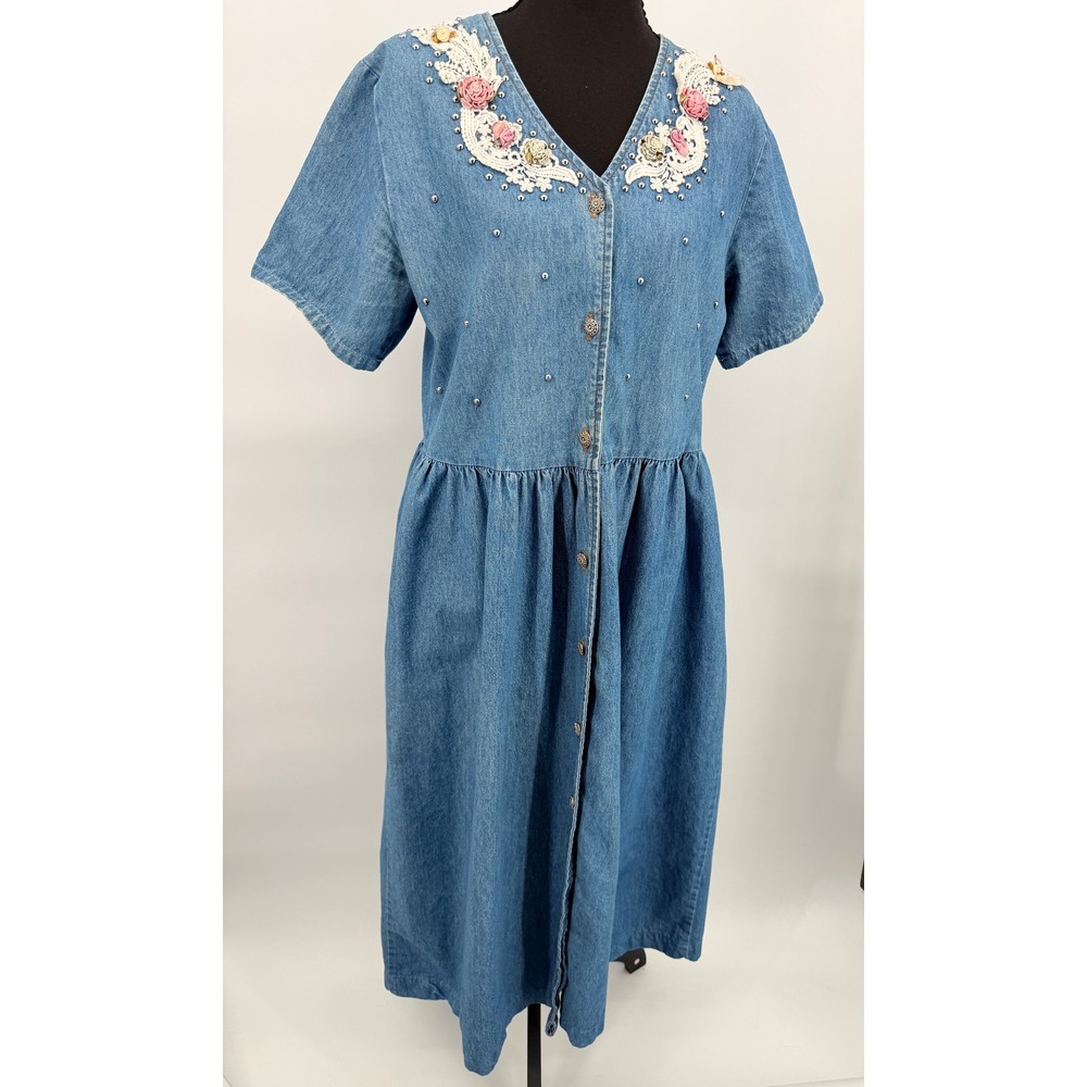 Vintage 90s Cottagecore Denim Dress Women Medium Blue Lace Floral Studded Midi